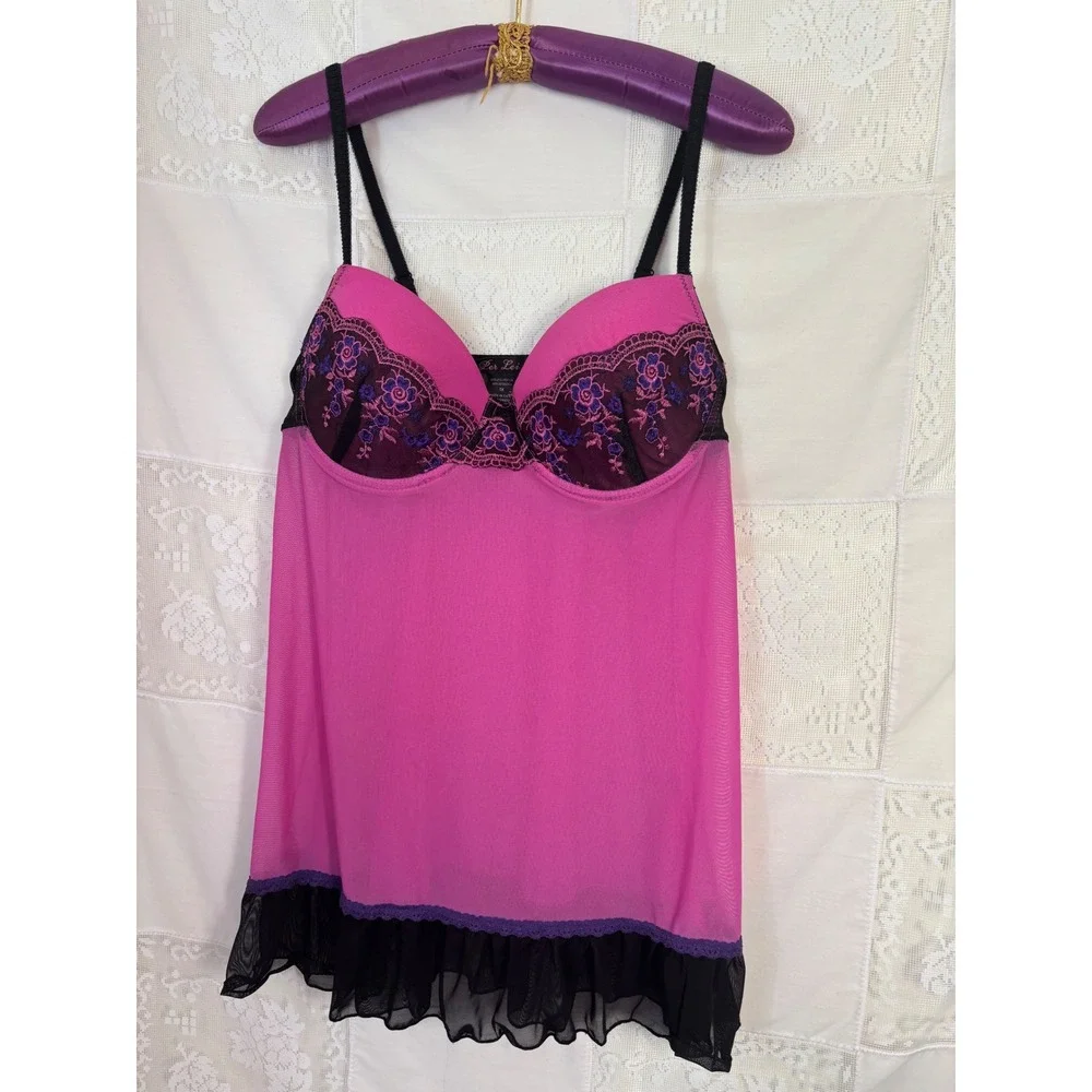 Y2K Pink+Black+Purple‎ Floral Embroidered Coquette Sheer Mesh Chemise Size XL